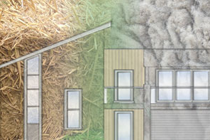 Collage: Aufrissplan eines Hauses im Hintergrund Stroh und Schafwolle