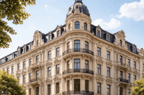 Ansicht eines Gründerzeithauses mit beige-gelber Fassade und dunkelgrauem Dach, blauer Himmel im Hintergrund