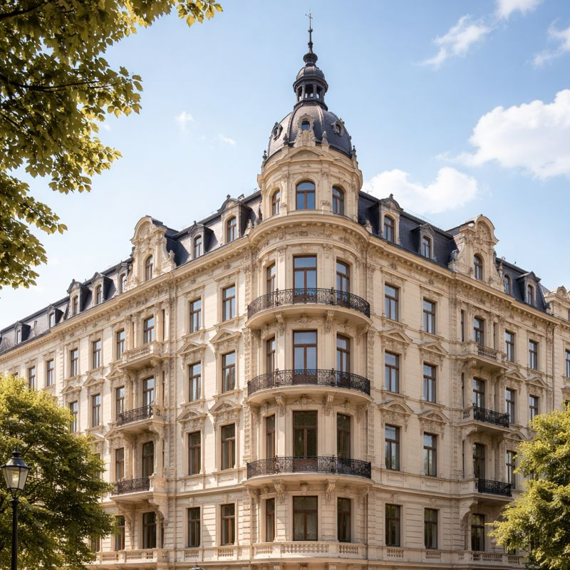 Ansicht eines Gründerzeithauses mit beige-gelber Fassade und dunkelgrauem Dach, blauer Himmel im Hintergrund